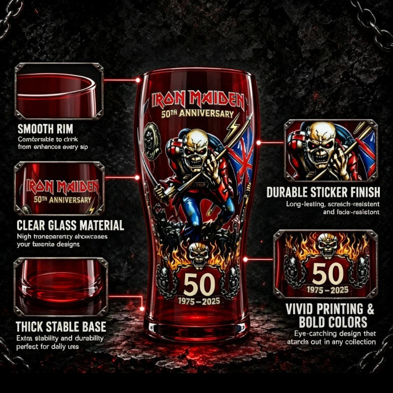 Iron Maiden 50th Anniversary Themed Pint Glass Heavy Metal Rock Band Inspired Beer Cup Collectible Drinkware for Bar Home Party