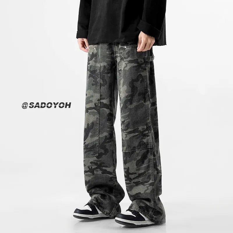 Camouflage Tooling Jeans Autumn New High Street Retro Loose Straight Wide Leg Baggy Trousers Cargo Pants Men Low Rise Jeans