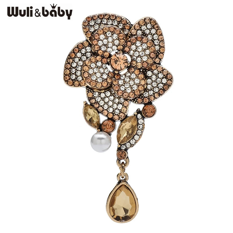 PENDRA Camellia 3-Color Vintage Rhinestone Flower Brooch