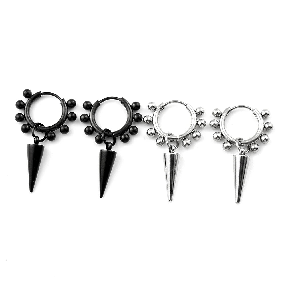 Stainless Steel Spike Cone Drop Earrings Man Punk Beaded Hoop Earrings for Men Women Gothic Hip Hop Dangle Ear Cool Jewelry Gift