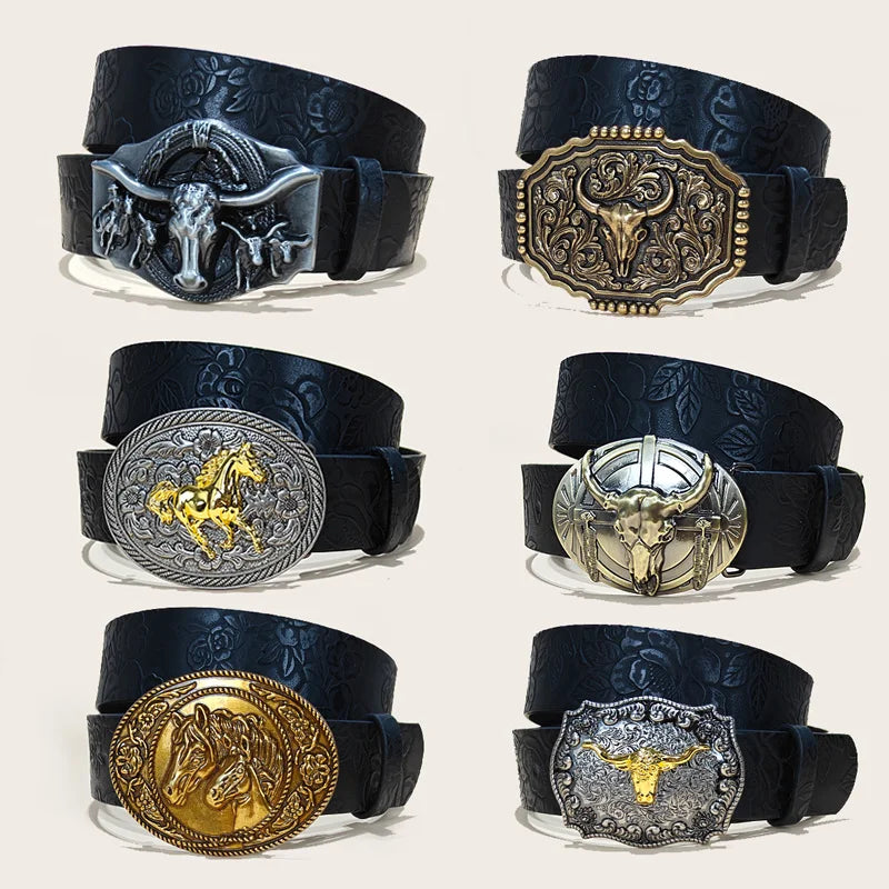 Western Cowboy Leather Belts Longhorn Bull Buckle Pattern Floral Engraved Belt for Men Gothic Accessories Jeans Waistband Male