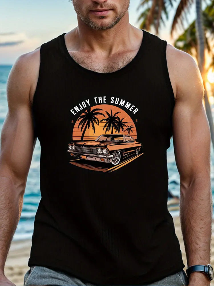 PENDRA Beach Hawaiian Tank Vintage Car Print Sleeveless Tank Top