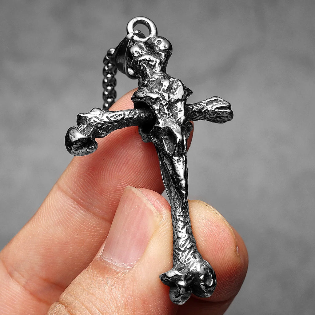 PENDRA Crow Bone Cross Steel Necklace