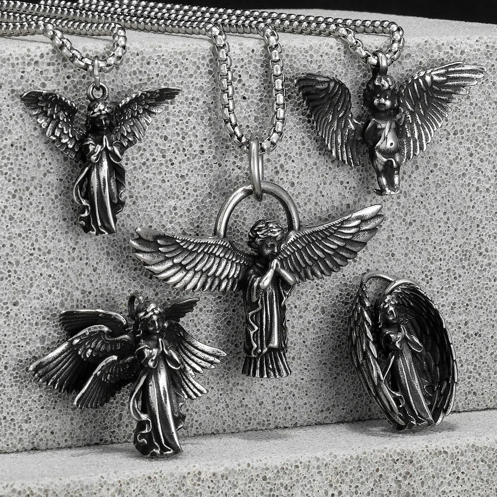 Angel Wing Pray Amulet Stainless Steel Men Necklaces Pendant Chain Punk New in For Couple Women Fashion Jewelry Gifts Wholesale