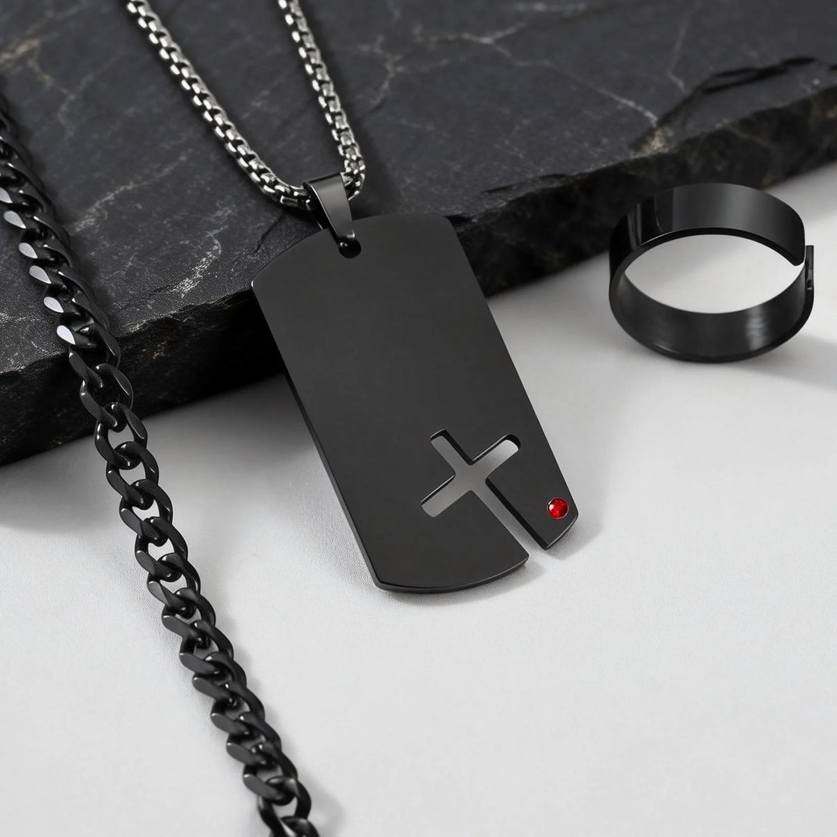 3pcs/set Dogtag Necklace for Men Boys,Stainless Steel Cuban Chain Bracelet,Waterproof Bend Ring Set Gift