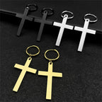 Hip Hop Catholic Cross Hoop Earrings for Women Men Stainless Steel Gold Silver Color Crucifix Statement Earring Jewelry E3476S06