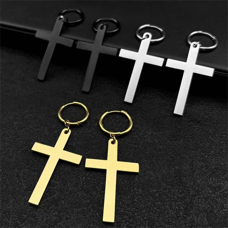Hip Hop Catholic Cross Hoop Earrings for Women Men Stainless Steel Gold Silver Color Crucifix Statement Earring Jewelry E3476S06