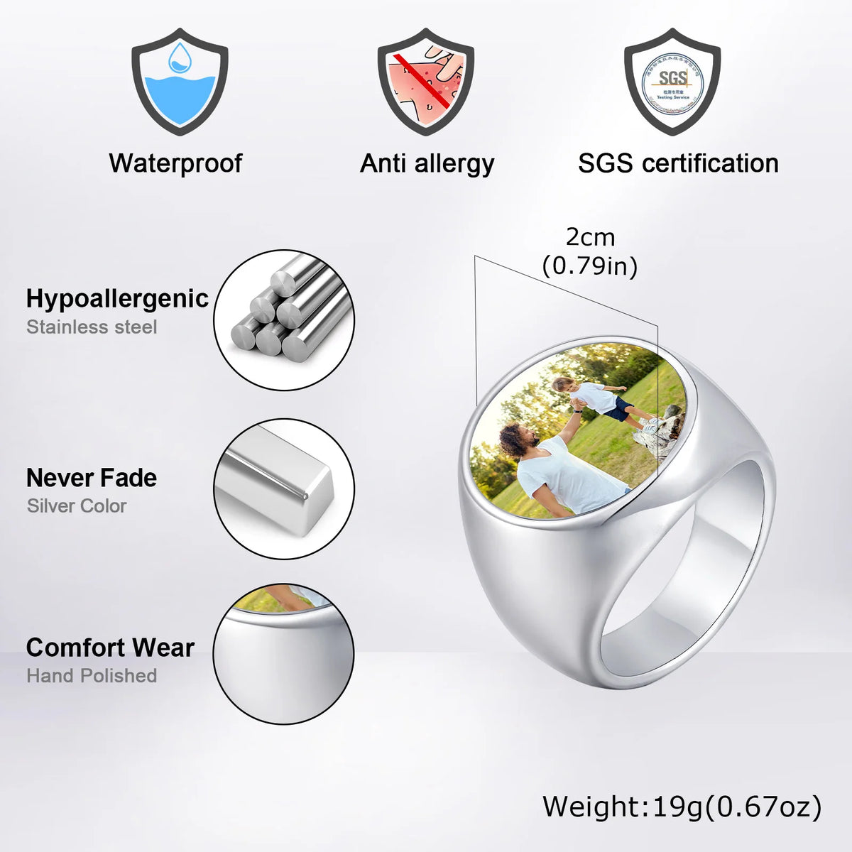 Custom Photo Ring for Men,Waterproof Stainless Steel Square Round Stamp Ring,Personalized Statement Ring Gift for Son Dad