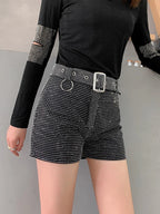 Rhinestone Shorts Women Wide Leg Shorts High Waist Sexy New Fashion Elastic Waist Diamond Casual Hot Pants Female belt