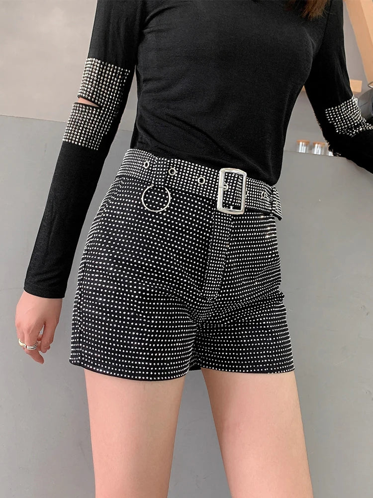 Rhinestone Shorts Women Wide Leg Shorts High Waist Sexy New Fashion Elastic Waist Diamond Casual Hot Pants Female belt