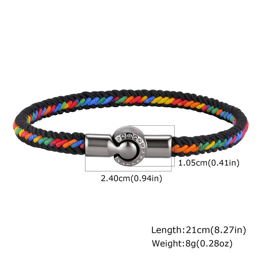 Men's Rainbow Braided Rope Bracelet,LGBT Pride Colorful Handmade Braided Bracelet with Stainless Steel Magnetic Clasp