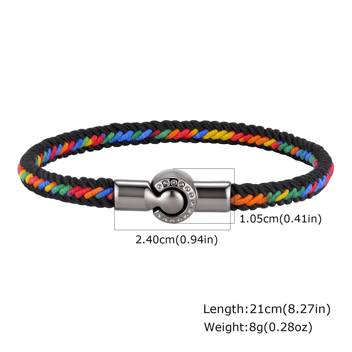 Men's Rainbow Braided Rope Bracelet,LGBT Pride Colorful Handmade Braided Bracelet with Stainless Steel Magnetic Clasp
