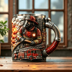 3D Firefighter Resin Mug Creative Fireman Coffee Cup with Hose Handle Fire Truck Relief Collectible Gift