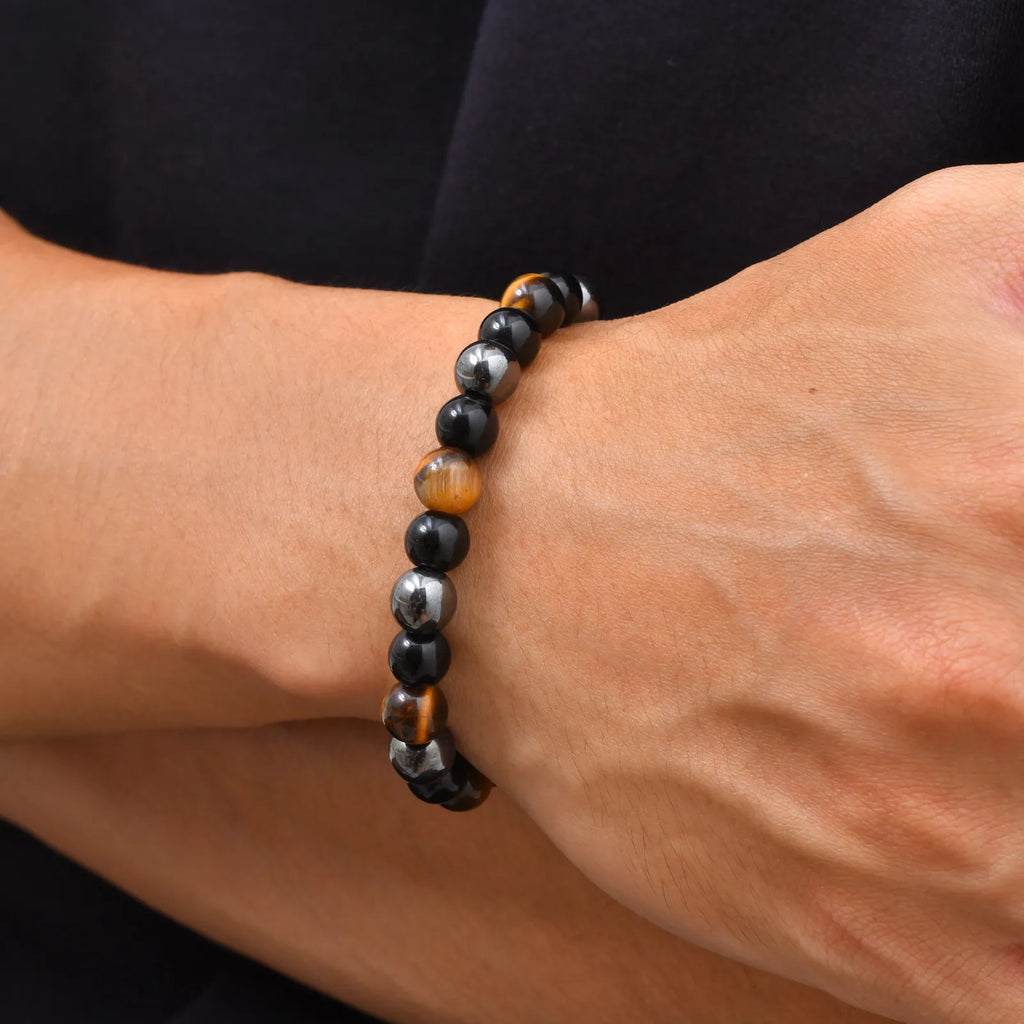 6/8/10mm Black Natural Stone Beaded Bracelets for Men,Obsidian Hematite Tiger Eye Beads Bracelets,Health Protection Soul Jewelry