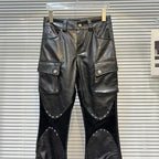 Fashion Casual Rivet PU Leather Trouesrs Women Drawstring Designe Pockets Motorcycle Black Bell-bottoms Street Flared Pants