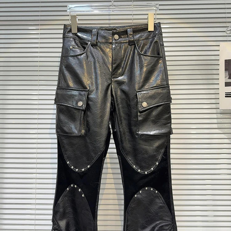 Fashion Casual Rivet PU Leather Trouesrs Women Drawstring Designe Pockets Motorcycle Black Bell-bottoms Street Flared Pants