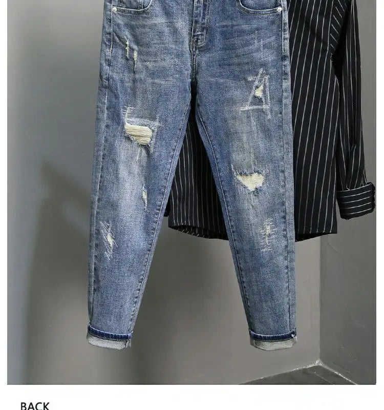 Casual Spring and Autumn Slim Denim Pencil Pants Men's Jean 2024 New Broken Hole Slim Fit Beggar Design High Street Washed Jeans