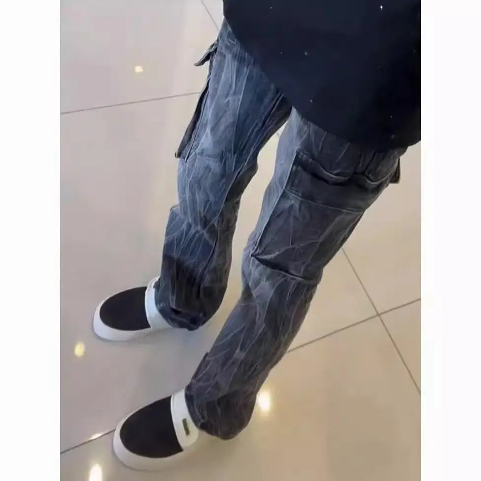 Fashion 2026 Lightning Pattern Men's High Street Design Straight Pants Trendy Brand Retro Wide-leg Trousers Grey Washed Jeans