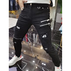Luxury 2023 Men's High Street Korean Black Jeans with Zipper Distressed Hole Designer Youth Trend Slim-Fit Black Cotton Trousers