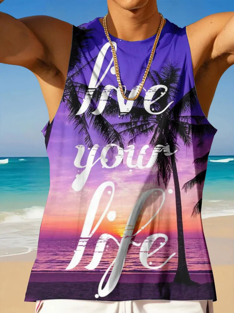 Summer Casual Everyday Sleeveless Top For Men Men's Crew Neck Tank Top With Hawaiian Print Men's Outdoor Beach Fashion Tank Top