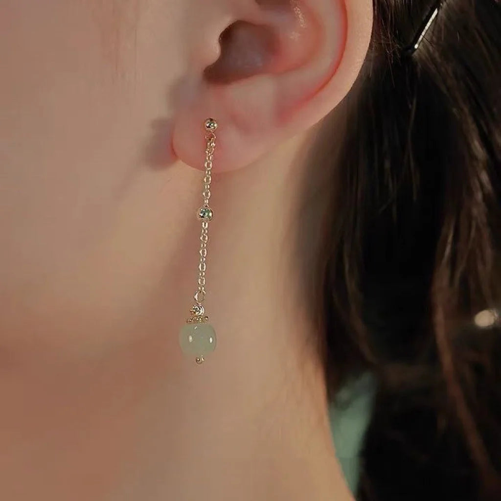Ventfille 925 Sterling Silver Bead Hotan Jade Earring for Women Girl Gift Tassels Vintage Ethnic Jewelry Dropshipping