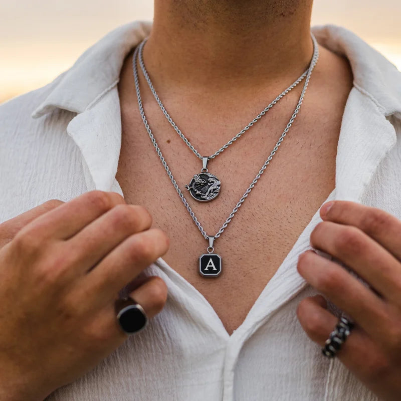 Square A-Z Initial Letters Necklaces for Men Boys,Stainless Steel Geometric Pendant with Box Rope Chain Collar,Gift Jewelry