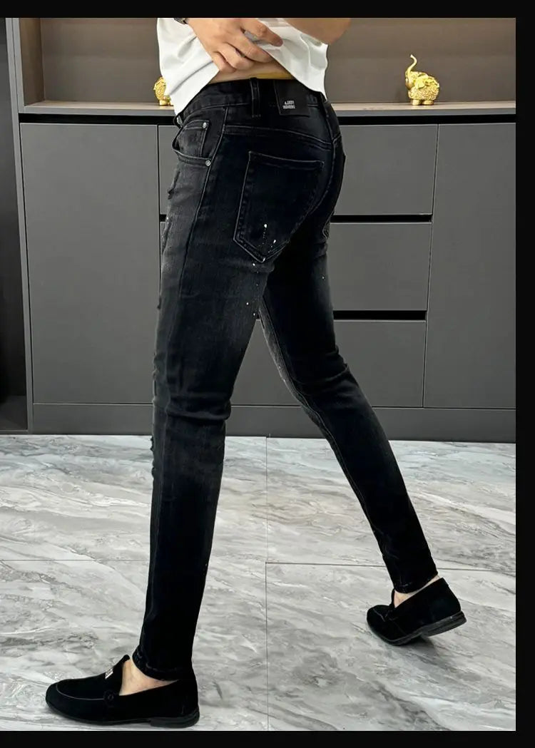 Designer Jeans Man High Quality Men's Scraped Black Jeans Autumn Winter Splashing Ink Slim-fit Pants Handsome Casual Long Pants