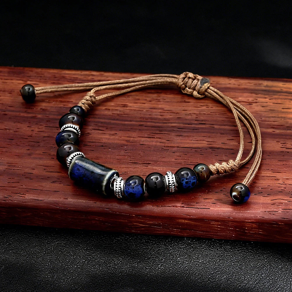 PENDRA Blue Mosaic Ceramic Adjustable Rope Bracelet