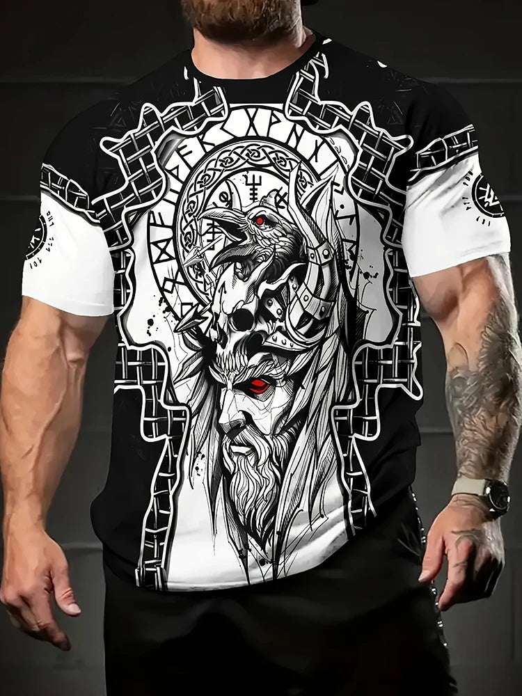 Viking-style Nordic Mythology Print Men's T-shirt Outdoor Street Sport Fitness Short-sleeved Shirt Daily Casual Fashionable Top