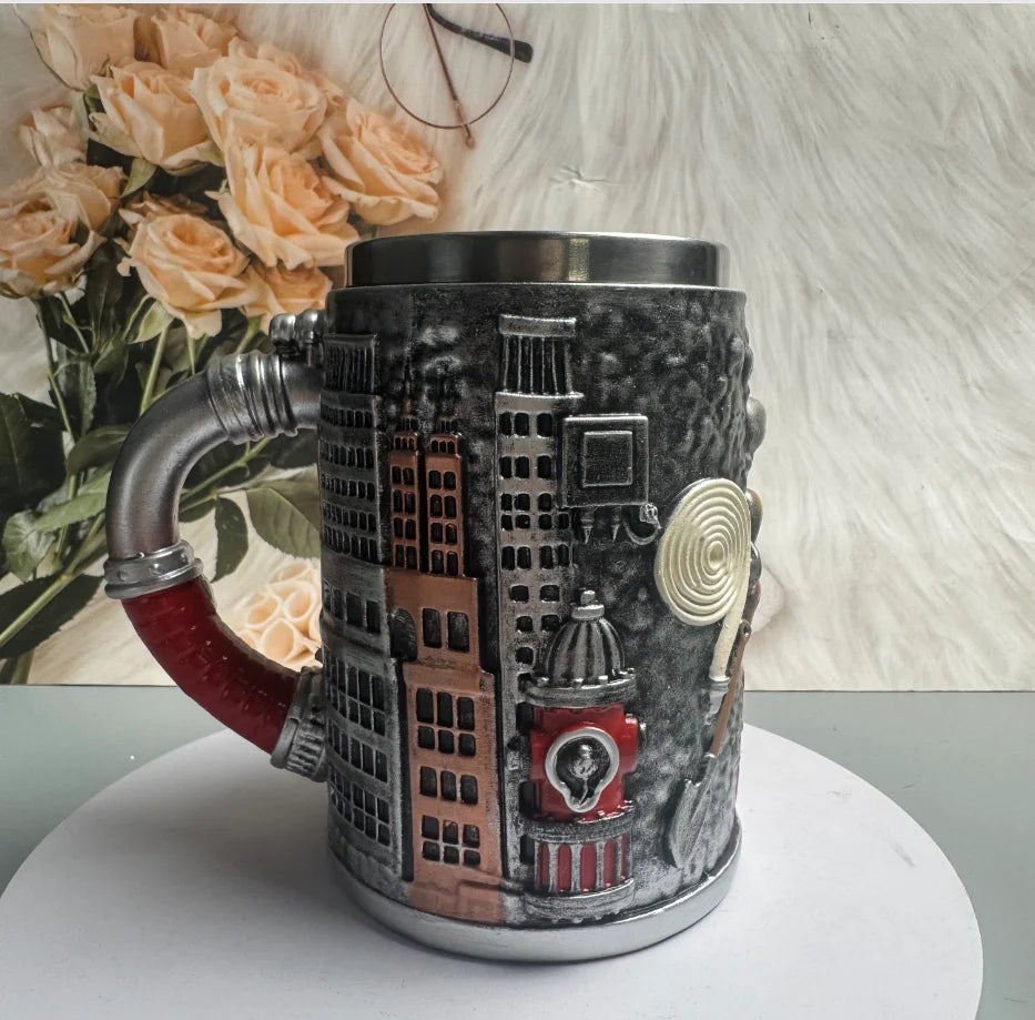 3D Firefighter Resin Mug Creative Fireman Coffee Cup with Hose Handle Fire Truck Relief Collectible Gift