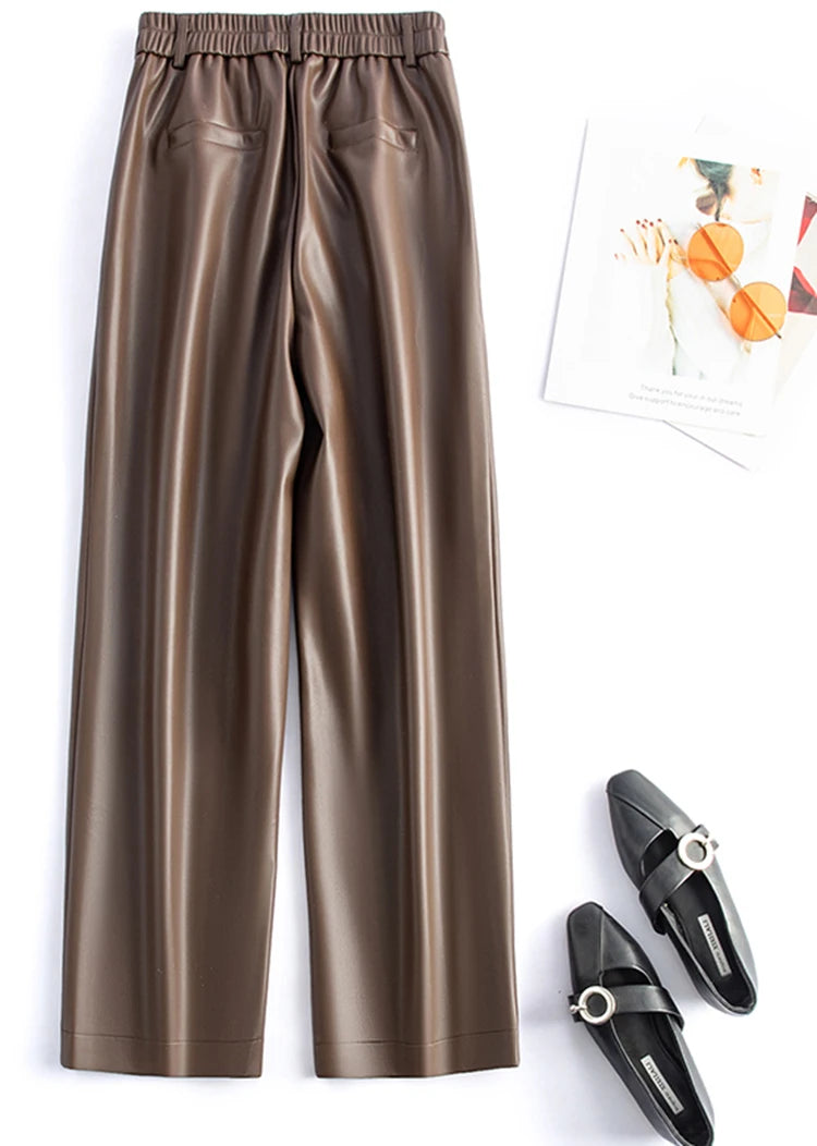 2025 autumn and winter new style leather pants elastic high waisted slim fit commute straight leg pants for women