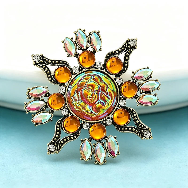 Wuli&baby Vintage Cameo Face Brooches For Women Unisex Rhinestone Sun Flower Party Causal Brooch Pin Fashion Gifts