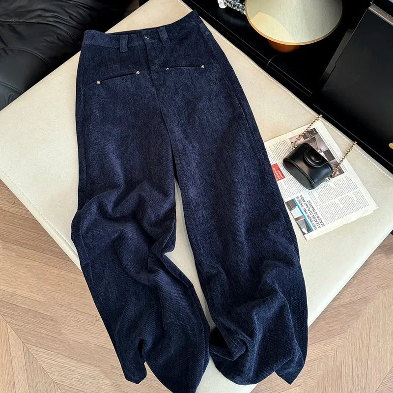 Deep blue wide leg casual pants women's autumn and winter 2025 new loose thick fashion versatile striped straight leg pants