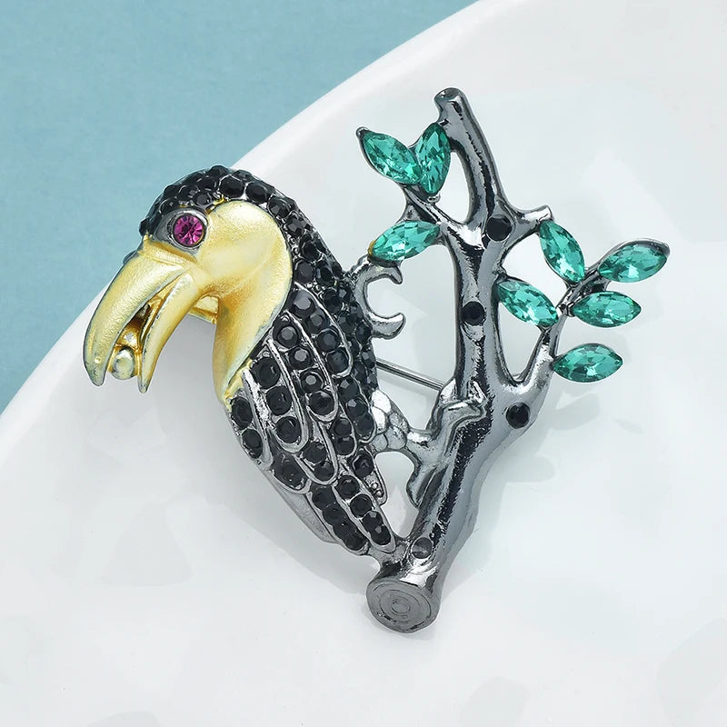 Wuli&baby Cute Stand On Branch Bird Brooch Pins For Women Men Black Rhinestone Cool Bird Animal Party Casual Brooches Gifts