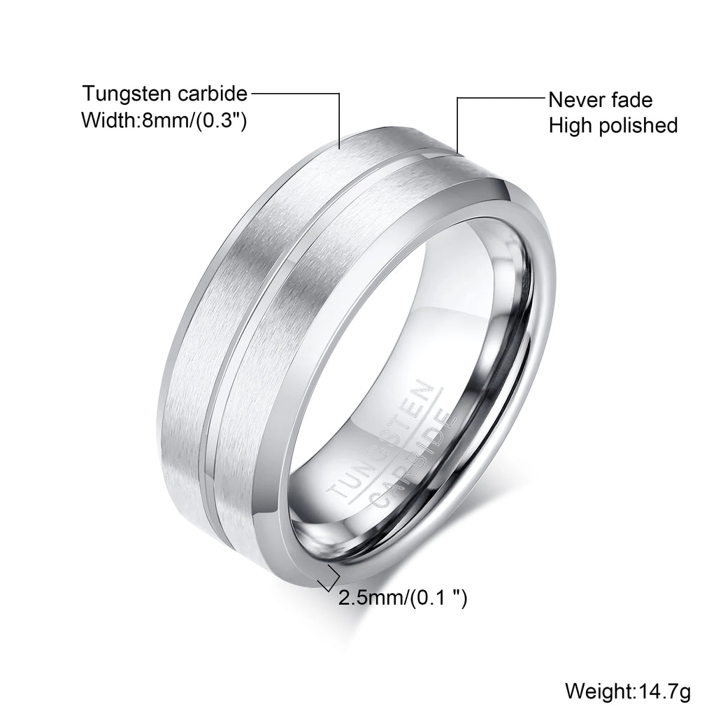Trendy Brushed Tungsten Carbide Ring for Men Boys,8mm Grooved Durable Bend Ring,Father's Day Anniversary Gifts