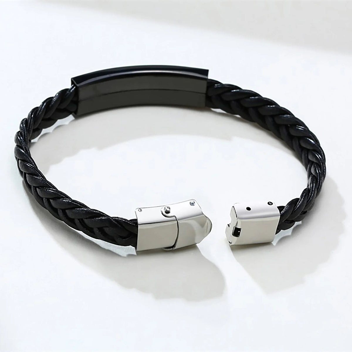 Black Leather Bracelet for Dad Him Men,Engraved Touching Words Stainless Steel Metal Wrsitband,Father's Day Gift