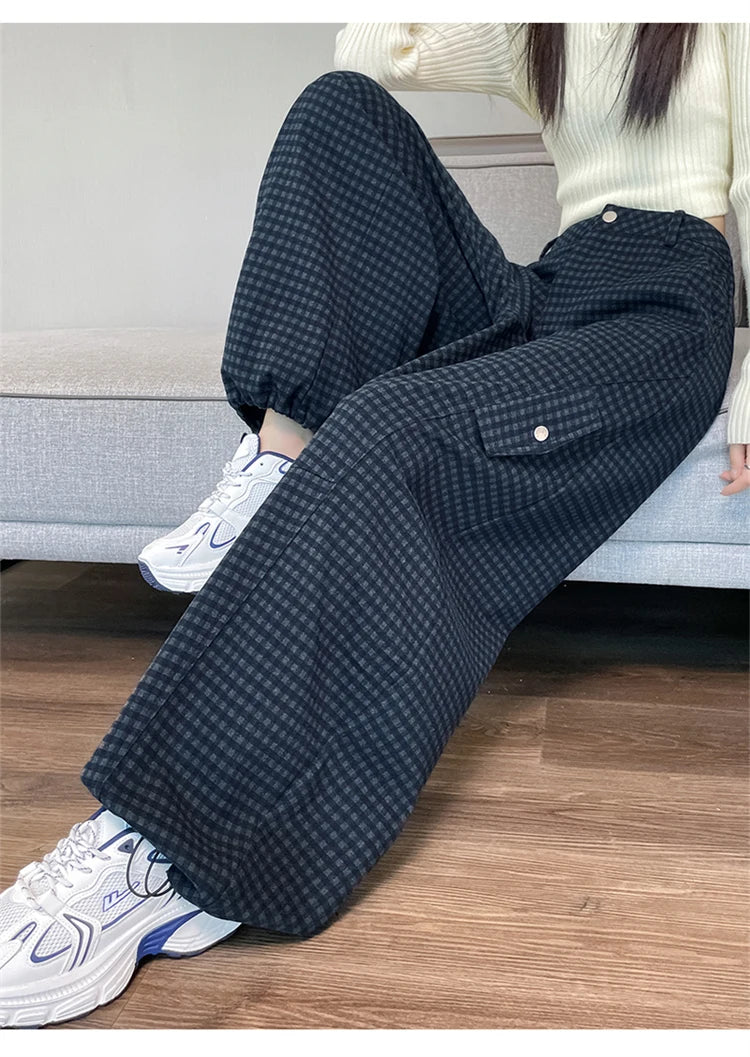 American style woolen plaid cargo pants women's autumn winter new plush casual versatile loose machete wide leg pants