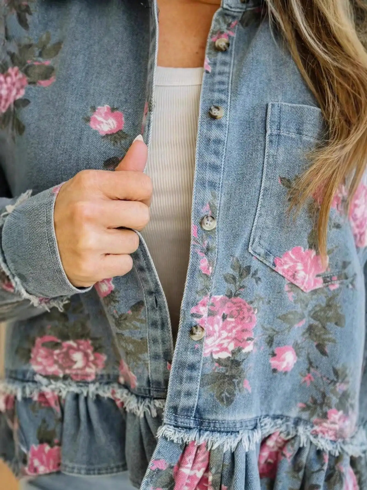New Women's Retro Washed Floral Print Denim Jacket, Long-sleeved, Collared, Ruffled Hem, Short Jacket, Summer outfits for womener.