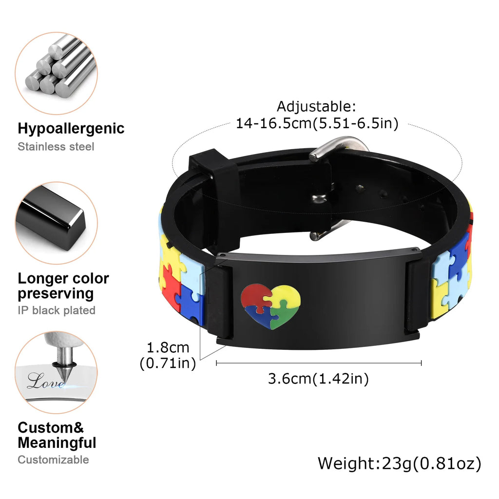 Personalized Autism Bracelet for Little Boy Girl ,Engraved Medical Alert ID Adjustable Silicon Bracelet,Aspergers Gift
