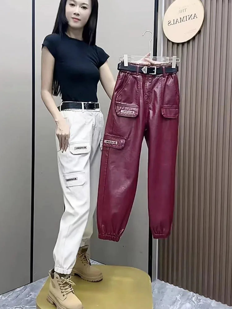 PENDRA Oversized Pocket Loose Leather Cargo Pants