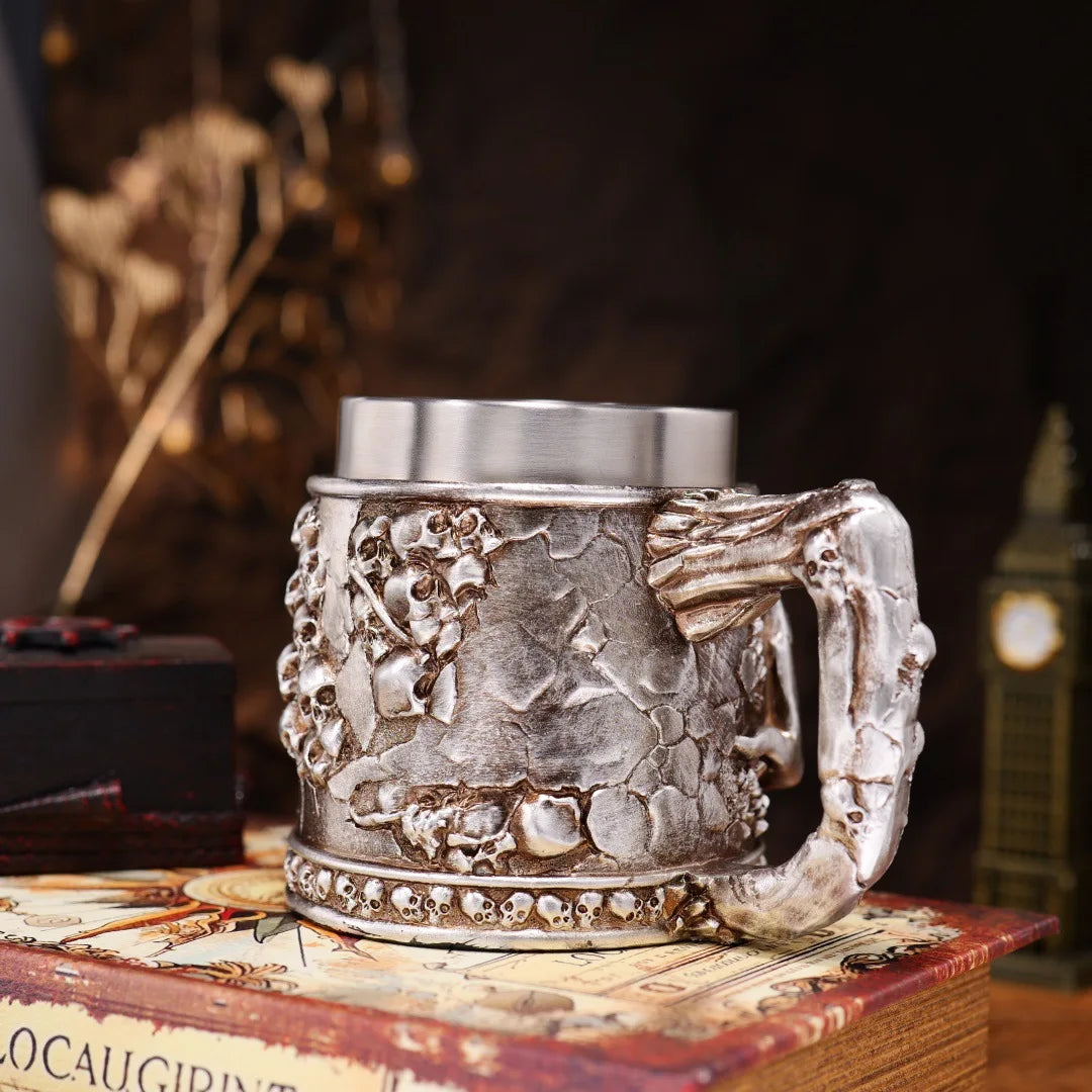 Halloween Spooky Skull Stein Mug 3D Relief Skeleton Pattern Stainless Steel Inner Tank Gothic Pub Bar Whiskey Wine Drink Cup