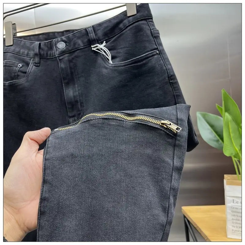 New Arrival Spring Autumn Casual Denim Slim Fit Jeans for Men with Knee Zipper Eye Designer and Vintage Black Jeans Men's Luxury