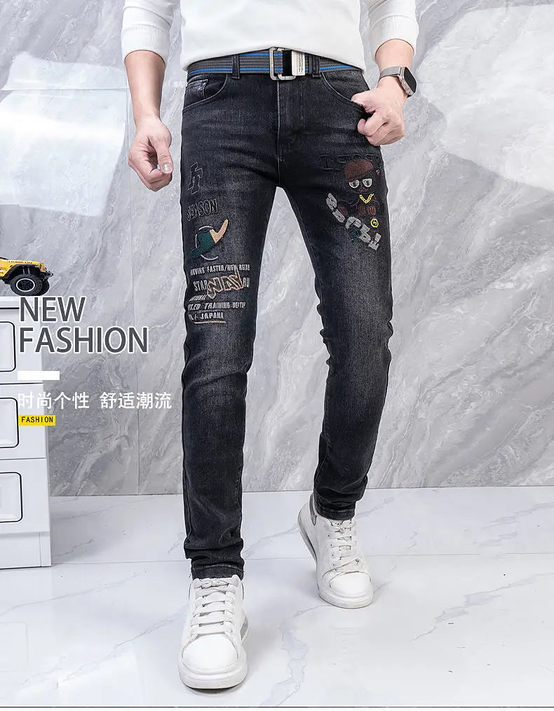Original Brand Men's Clothing Autumn and Winter New Trend Letter Embroidered Jeans Men's Slim Fashion Korean Elastic Trousers