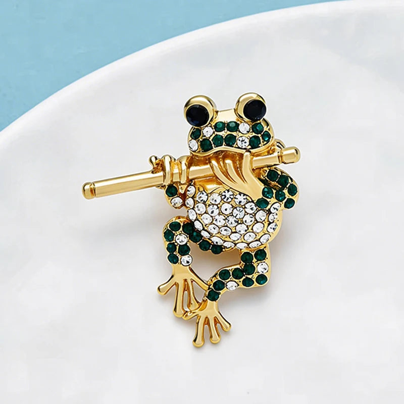 PENDRA Bamboo Flute Frog Rhinestone Brooch