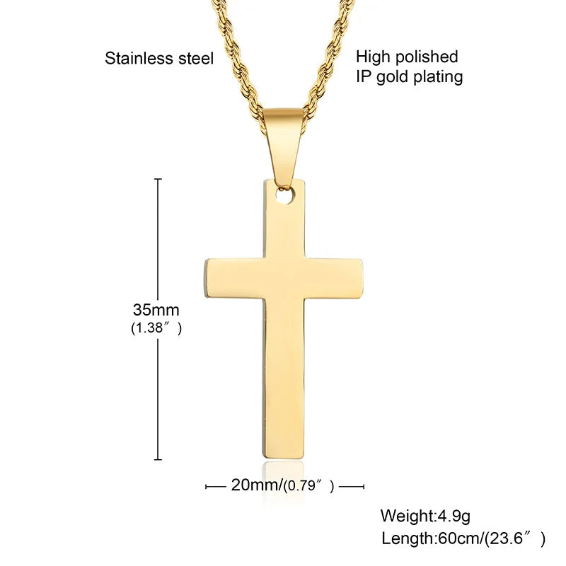 Gold Color Cross Necklaces for Men Boys,Stainless Steel Pendant Necklaces with 50cm Twist Rope Chain,Beach Surfing Jewelry Gift