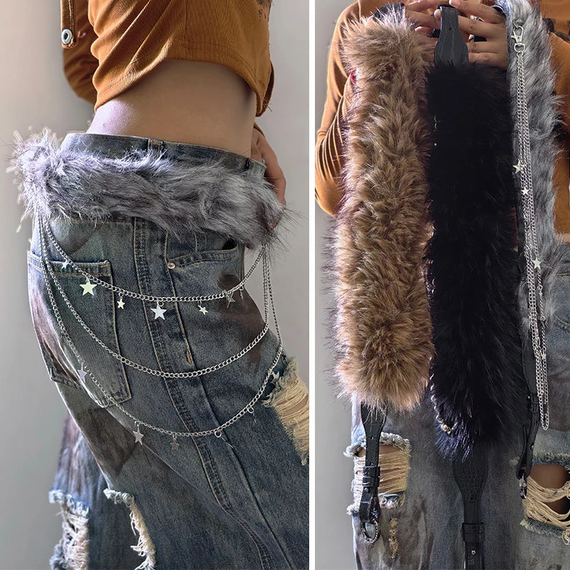 Furry Belt Y2k Belt Subculture Autumn Winter Retro All-Match Plush Waist Chain Imitation Fur Waist Seal Hot Girl Sexy Belt