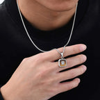 Stylish Square Pendant Necklaces for Men,Small Geometric Natural Stone Stainless Steel Pendant,Center Zircon Collars Gift