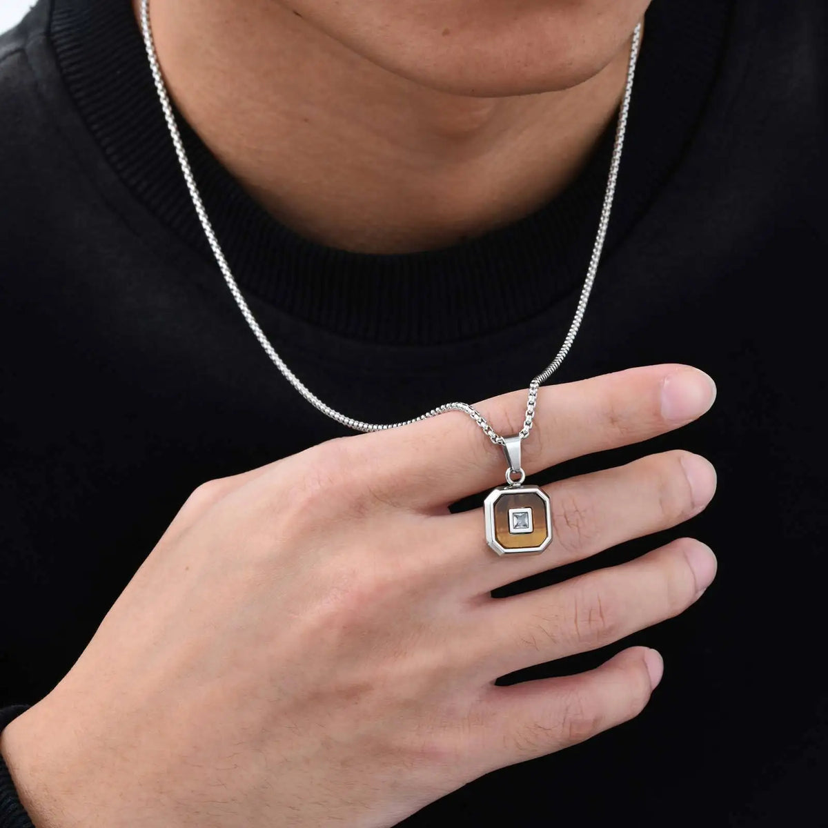 Stylish Square Pendant Necklaces for Men,Small Geometric Natural Stone Stainless Steel Pendant,Center Zircon Collars Gift