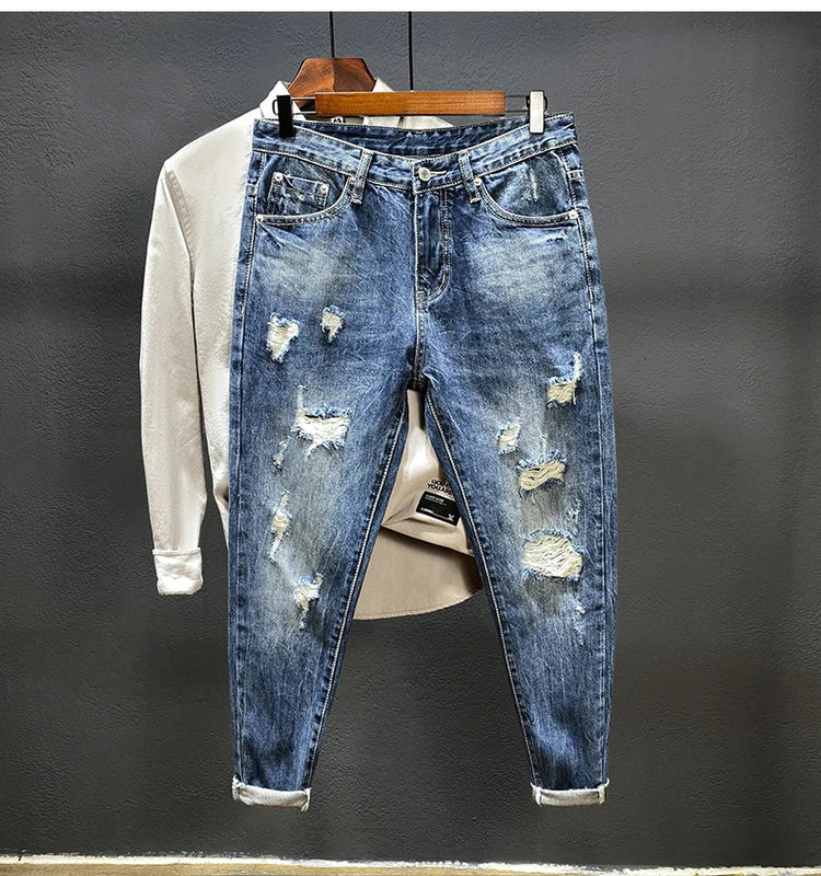 Nine-point jeans with holes for men's thin fashion brand slim feet in summer and summer Korean  style spring and autumn pants