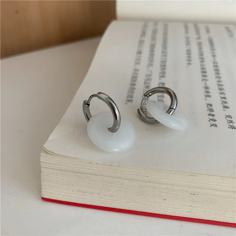 VENTFILLE Unique Green Jade Round Stainless Steel Hoop Earrings For Women Vintage Elegant Earclip Earrings Statement Jewelry
